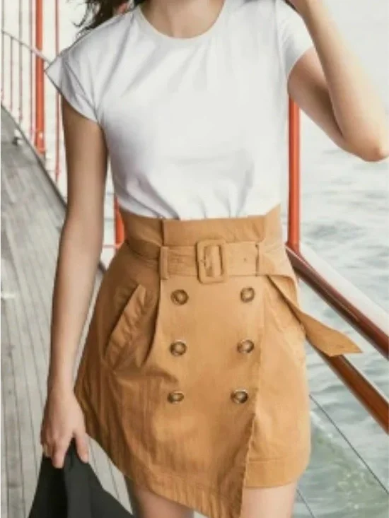 Veronica Beard Melany Mixed Media White and Tan High-Waist Belted Mini Dress - Picture 3 of 13